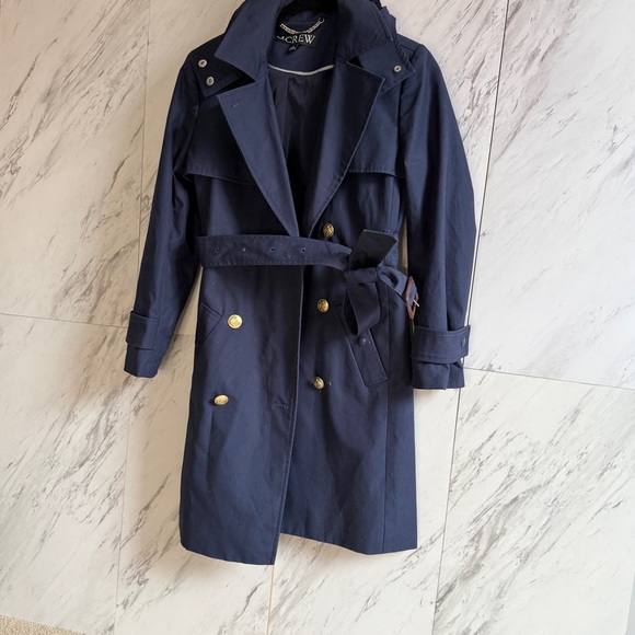 J. Crew Navy Icon Double-Breasted Belted Hooded Cotton Petite Trench Coat SZ 2P - Picture 7 of 13